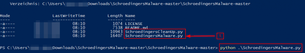 Ausführung von SchroedingersMalware.py Ausführung von SchroedingersMalware.py mit PowerShell